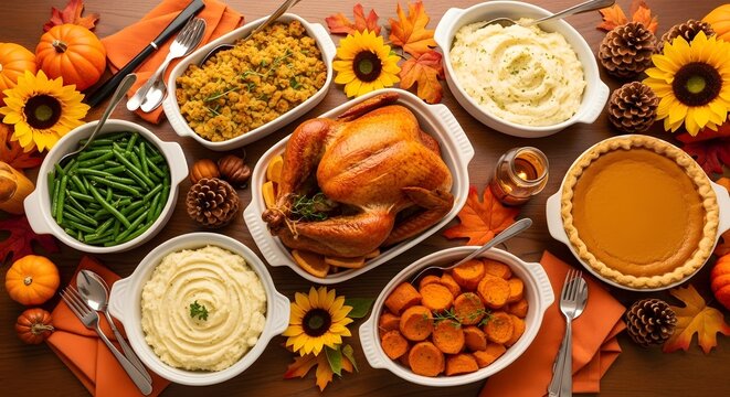 Traditional thanksgiving feast with turkey mashed potatoes and pumpkin pie
