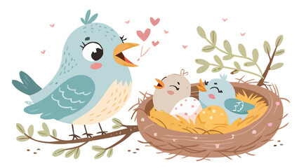 Naklejka premium Cute baby birds in a nest with mother bird vector illustration set featuring cartoon style