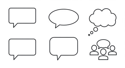 A set of simple line art speech bubbles and thought clouds for communication and dialogue