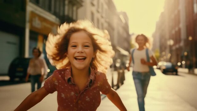Sunlit street, child laughs with arms wide open. Wind flips her curly hair in joyful motion. Background figures blur, capturing urban life. Warm glow enhances her bright, carefree expression