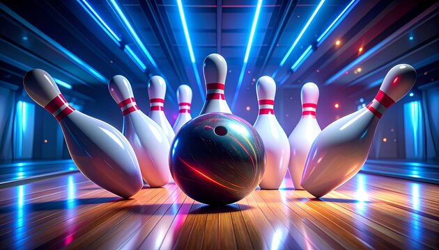 A bowling ball is about to strike pins in a neon-lit alley