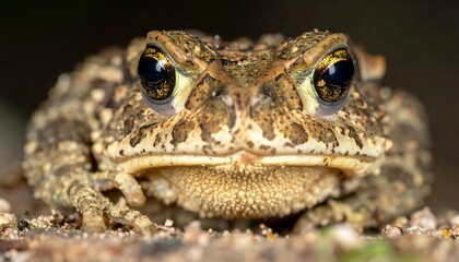 Obraz premium Warty toad rests on sand, staring directly at the viewer with golden, reflective eyes under a dim light