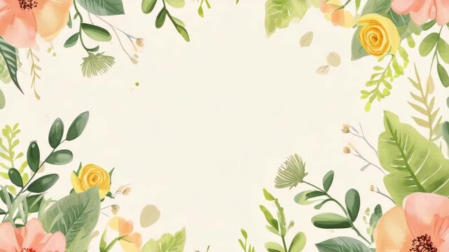 Soft watercolor flowers frame the . Green leaves and petals add gentle texture. Pastel blooms rest on a light cream background. Delicate design suits spring or summer themes