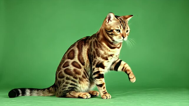 Bengal Cat Sitting on a Green Screen Background Isolated and Captured in a Studio Lighting Environment for Composite Use
