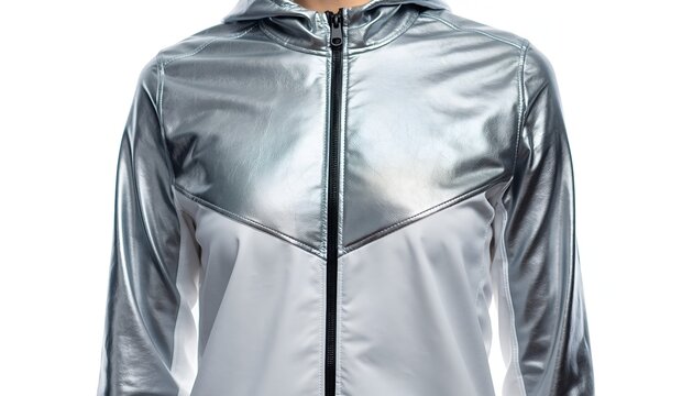 Metallic silver windbreaker jacket with hood; sporty modern and reflective outerwear
