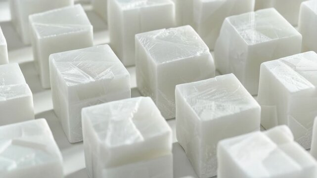 White cubes neatly arranged on a clean surface. Each cube shows subtle texture and soft reflections. Light highlights edges and gentle shadows in quiet detail. Minimalist composition emphasizes purity