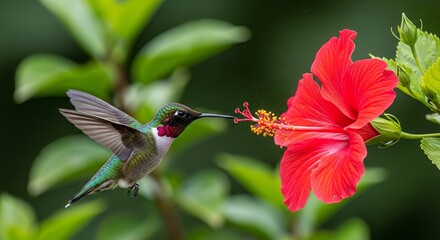Fototapeta premium Hummingbird hovers mid-air sipping nectar from a bright red hibiscus flower with green foliage background in sunlight