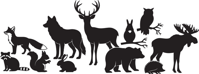 Collection of Black Isolated Forest and Woodland Animal Silhouettes Vector Illustration isolated PNG with Transparent Background
