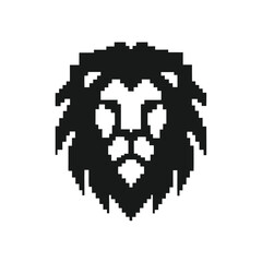 Powerful Lion Head Pixel Art Illustration in Classic Black and White Monochrome Style