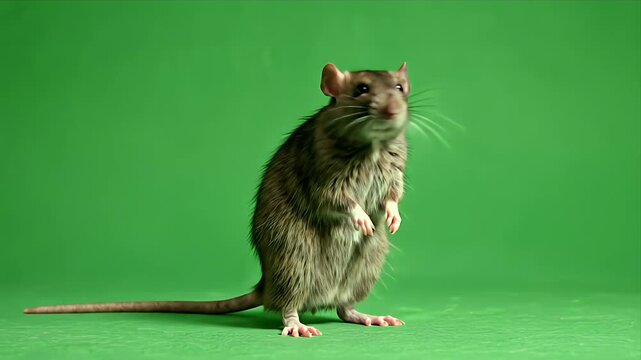 Brown Rat Stands Alert on Vibrant Green Screen Background with Detailed Fur Texture and Alert Whiskers