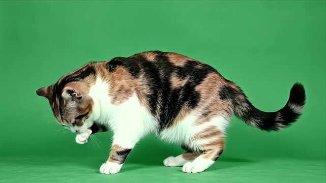 Calico Cat with Distinct Patches and White Paws on a Vibrant Green Screen Background Engaging in Playful Movement Isolated for Compositing and Design