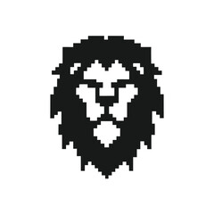 Retro Gaming Lion Head Icon in Pixel Art Style Monochrome Vector Illustration