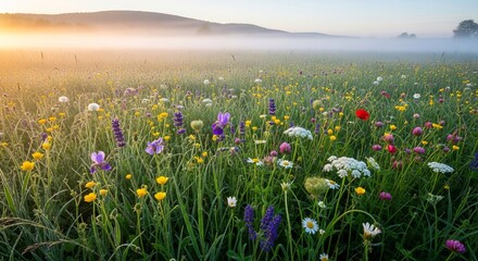 Obraz premium Wildflower meadow in morning mist at sunrise displays colorful blooms across green field with mountains on horizon creating magical natural landscape atmosphere