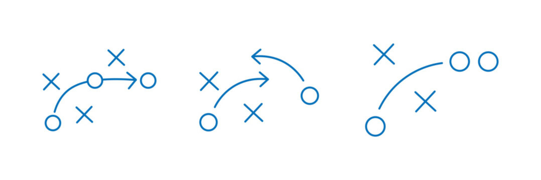 American Football Playbook Strategy Icons Collection Showing Tactical Game Plans, Player Movement Routes, X and O Formation Symbols, Coaching Diagram Vector Set.eps10