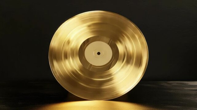 Golden vinyl record spins softly. Shiny surface reflects warm ambient light. Dark backdrop enhances its metallic glow. Center label gleams subtly against textured grooves