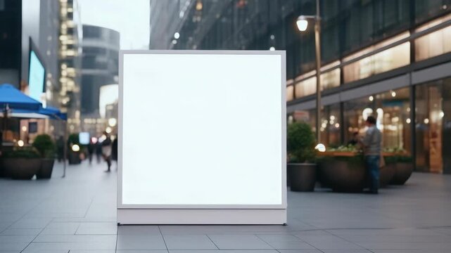 Urban street scene with blank digital billboard. Pedestrians walk past in soft focus background. Modern buildings frame the city's bustle. Clean white screen ready for your message