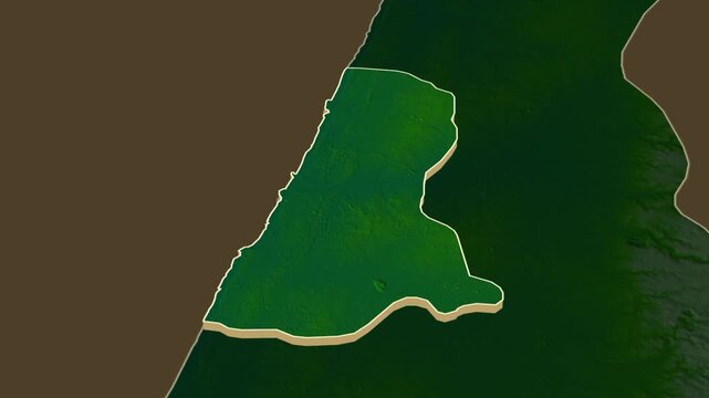 Tel Aviv district physical map, Israel. Terrain extrusion with regional location map