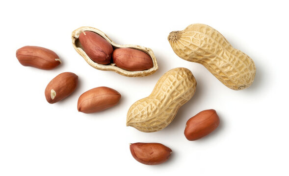 Peanuts and peanut shells on white background brown