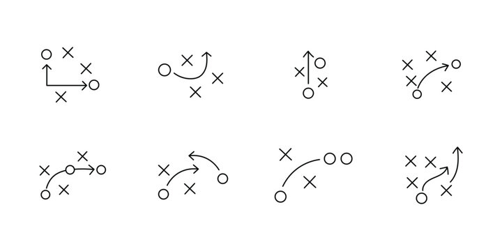 American Football Strategy Play Diagram Icon Set with X and O Players, Tactical Coaching Game Plan Routes, Offensive and Defensive Formation Arrows, Sports Playbook Vector Illustration.eps10