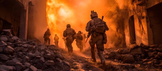 Naklejka premium Soldiers in a destroyed city, after the war, smoke, ruins, conflict zone