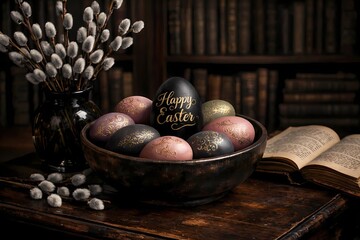 Obraz premium Moody library Easter display with dark pastel eggs featuring antique gold 