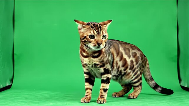 Elegant Bengal Cat Standing Still on a Vibrant Green Screen Background With Studio Lighting Ideal for Compositing and Design Projects