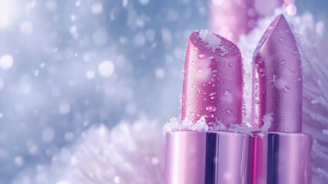 Pink lipsticks gleam softly in frosty setting. Snowflakes gently settle on sleek, metallic tubes. Frosty background adds dreamy, wintry allure. Beauty product glows with cool, sparkling elegance