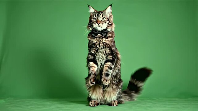 Elegant Maine Coon Cat Standing Tall Wearing Black Bowtie Against Vibrant Green Screen Background with Soft Studio Lighting and Detailed Fur Texture
