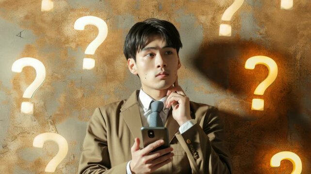 Young man holds phone, ponders questions. Glowing question marks float behind him. His thoughtful gaze reflects uncertainty. Warm light highlights his focused expression. He leans against textured