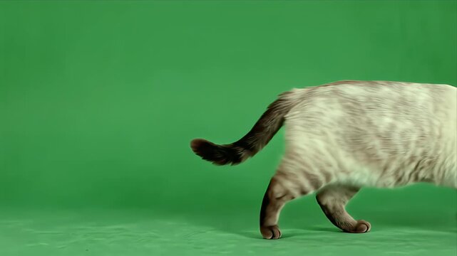 Elegant Siamese cat walks gracefully across a vibrant green screen background showcasing its distinctive coat pattern and poised movement with isolated visual clarity