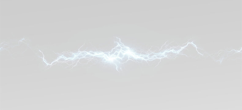 blue lightning bolt with intense electric spark and energy discharge. High voltage power flash on white background. Powerful atmospheric thunderbolt for digital technology and science. 