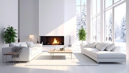 Naklejka premium Modern living room with fireplace and large windows overlooking a snowy