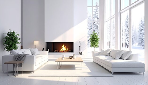 Modern living room with fireplace and large windows overlooking a snowy