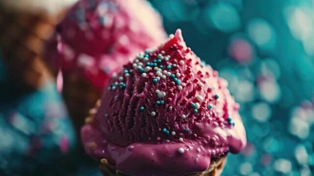 Pink ice cream drips gently into waffle cone. Colorful sprinkles dot its sweet surface. Soft bokeh background adds dreamy depth. Vibrant hues glow under focused light. Delicious texture promises joy