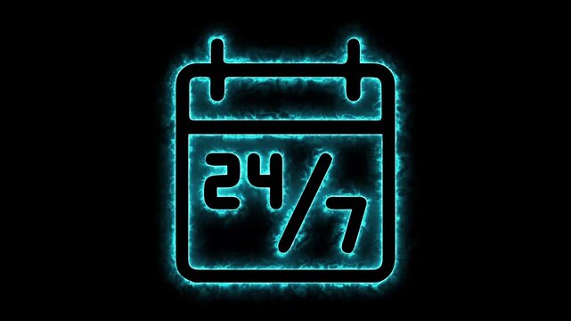 Glowing neon Nonstop Service Twenty Four Seven calendar symbol saber animated with black screen