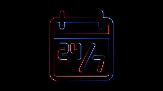 Neon Nonstop Service Twenty Four Seven calendar symbol cyan and red saber animation with black background