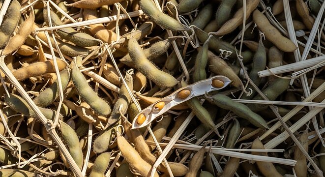 Harvested soybeans with pods and seeds exposed on dry straw