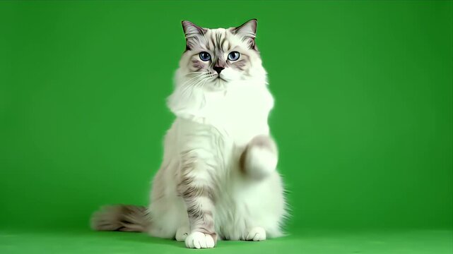 Fluffy Ragdoll Cat with Blue Eyes Sitting on a Bright Green Screen Background Raising a Paw in a Playful Pose
