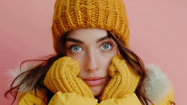 Warm yellow knitted hat frames her face. Soft pink backdrop enhances cozy winter vibe. Gloves hug cheeks, adding playful charm. Bright blue eyes meet the camera with quiet confidence