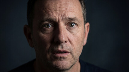 Fototapeta premium Intense gaze of a mature man illuminated by dramatic light, revealing the depth of his pensive soul and furrowed brow