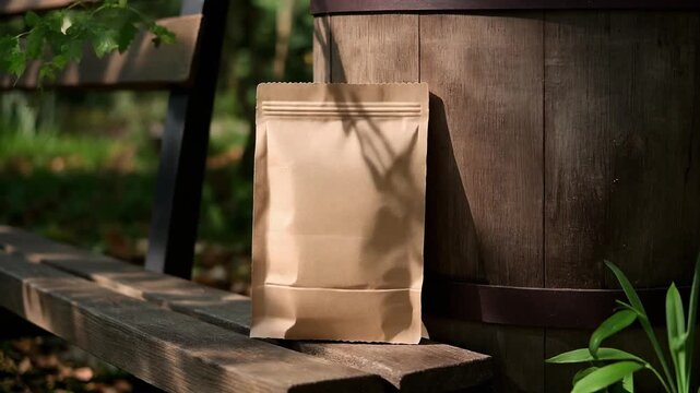 Blank brown kraft paper pouch on a wooden park bench