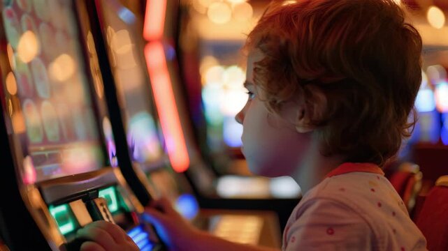 Young child plays slot machine with focused gaze. Hands press buttons as lights flash brightly. Machine glows with colorful, vibrant illumination. Child's side profile shows curious
