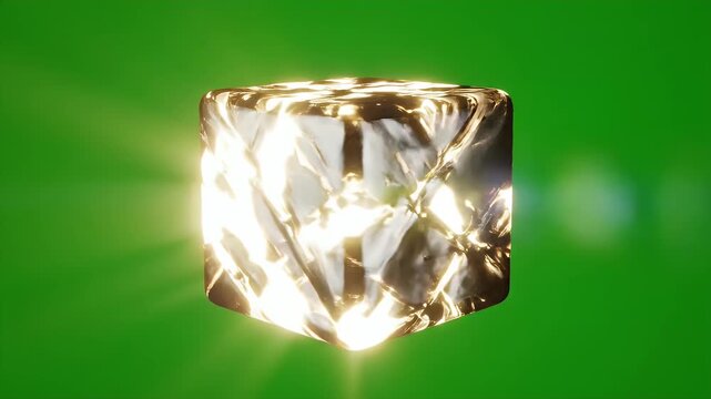 A glowing, textured cube levitates against a vibrant green backdrop, emanating light