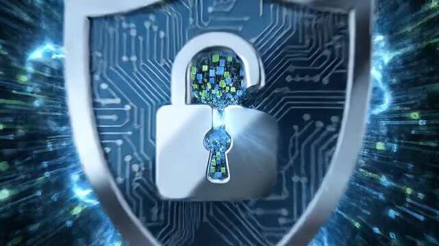 A digital shield with a padlock overlayed on circuit board pattern and a glowing background