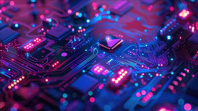 Neon lights pulse across circuit board's intricate pathways. Blue and pink glows illuminate microchip connections. Details reveal glowing traces and tiny components