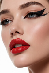 Naklejka premium imClose up portrait of a young woman with vibrant red lipstick and artistic winged black eyeliner for a bold beauty concept and makeup artistryage.png