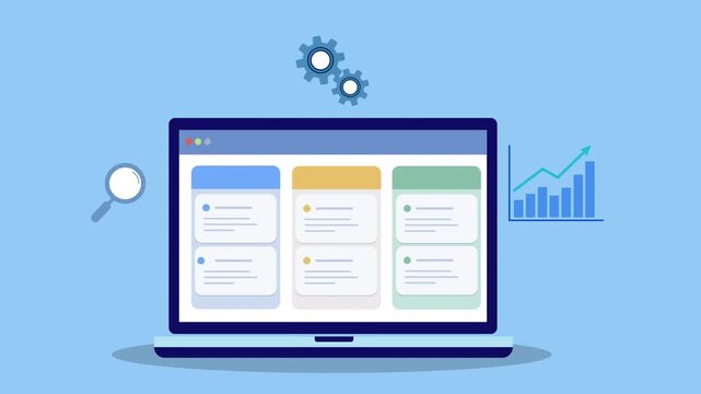 Flat vector animation of laptop analytics dashboard with magnifying glass, gear settings, and growth chart representing data analysis, system configuration, and digital business monitoring.