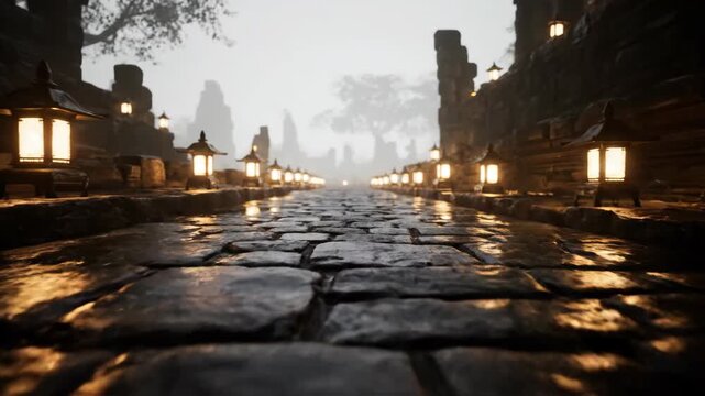 Stone path with glowing lanterns leading into foggy distance