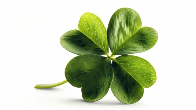 Fresh green clover rests against clean white background. Four leaves show natural texture and subtle vein patterns. Light highlights leaf edges with gentle shadows beneath
