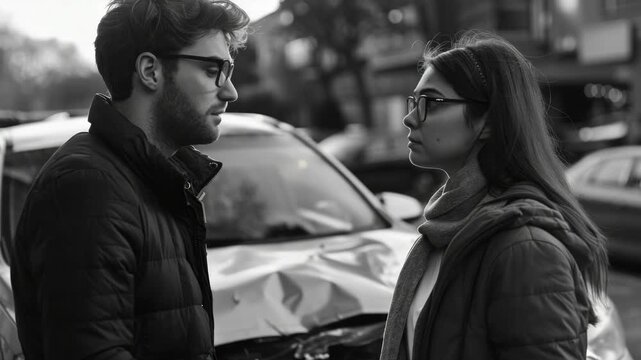 Black-and-white, young couple face to face. They speak seriously, eyes locked. Background shows parked cars, blurred. Urban setting, intimate moment captured. Emotional tension, quiet, focused